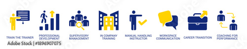 Training & Development Solid Blue Yellow Color Icon Set For Web Banner. Vector Illustration Concept With Some Icons. Designed In Solid Blue Yellow Color Style