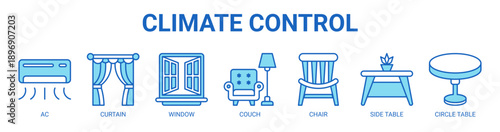 Climate Control web banner icon vector illustration concept with icon of ac, curtain, window, couch, chair, side table, and circle table.