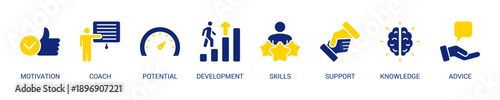 Coaching Solid Blue Yellow Color Icon Set For Web Banner. Vector Illustration Concept With Some Icons. Designed In Solid Blue Yellow Color Style