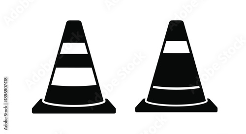 Two black and white traffic cones displayed side by side on a white background