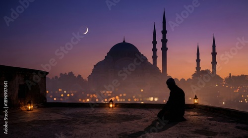 Man praying at sunset with crescent moon and mosque backdrop, Concept of Ramadan  