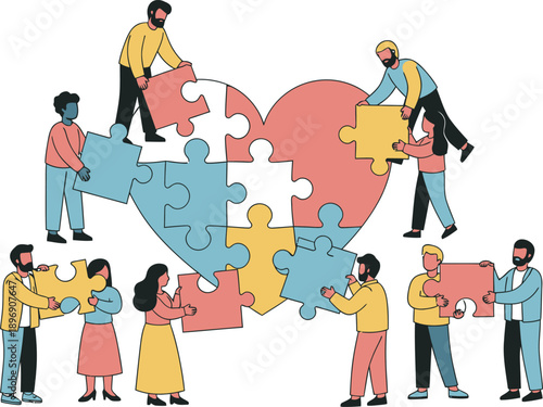 Illustration of diverse people building a heart shaped puzzle