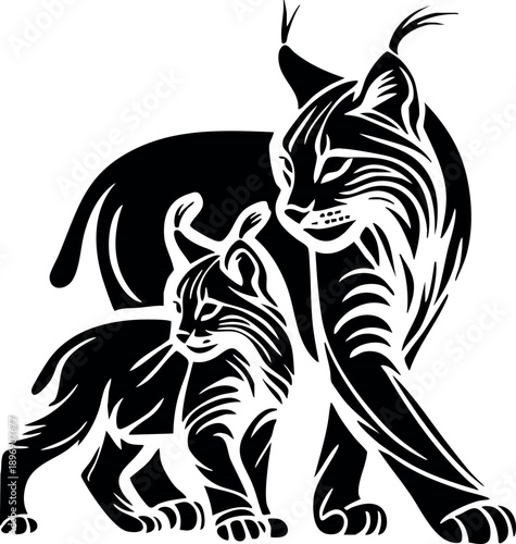 Wild Lynx Mother and Cub Silhouette with Ornate Fur Patterns