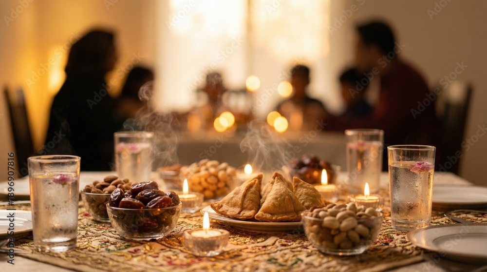 Fototapeta premium Family gathering around dining table with traditional food for Ramadan 