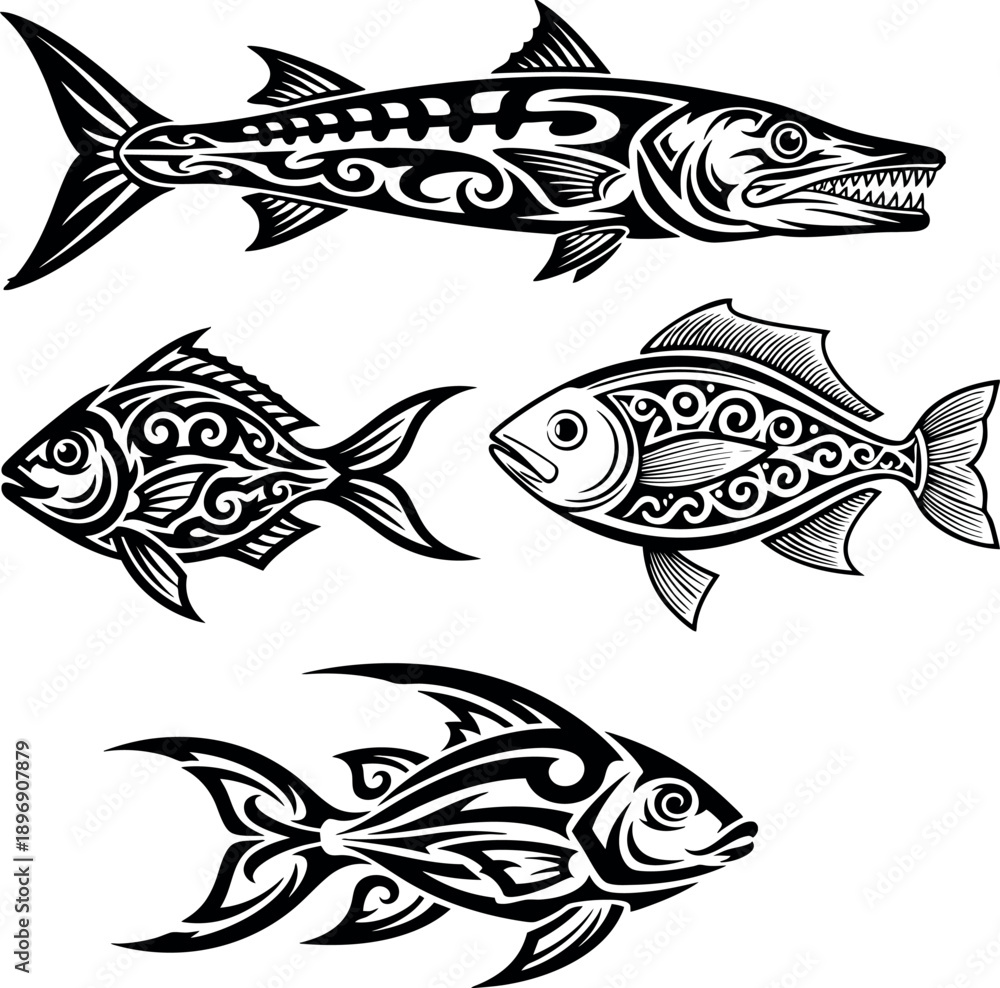 Fototapeta premium Barracuda and Tropical Fish Collection in Tribal Maori Style