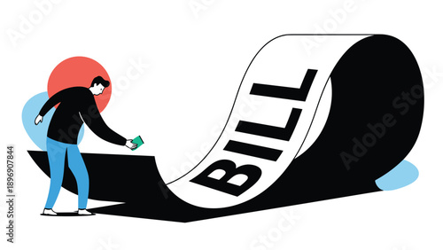 Man struggling to pull a giant rolled up invoice or tax bill paper illustrating financial burden and high cost of living.