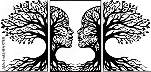 Optical Illusion Tree of Life with Double Face Profile Art