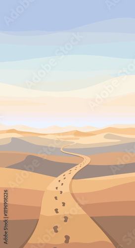 Spiritual Desert Path with Footsteps Leading Through Sand Dunes Creating Great Lent Journey Background with Wide Copy Space