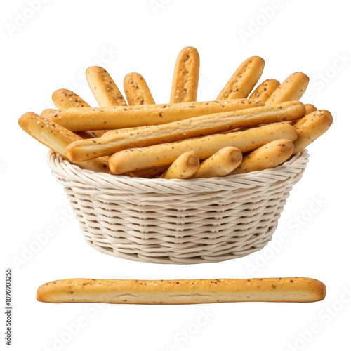 Freshly baked breadsticks in a wicker basket isolated on transparent background