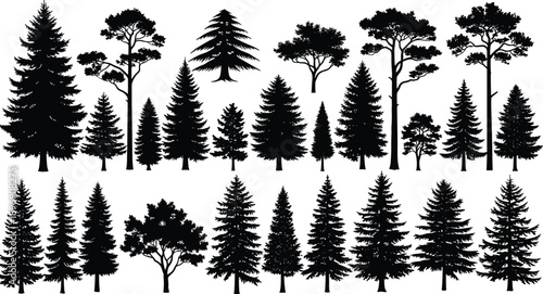 Large collection of diverse tree silhouettes including pine fir and oak, forest nature landscape symbols set