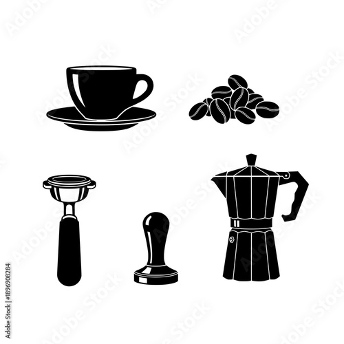 Black espresso silhouette vector set with coffee cups and barista tools on white background
