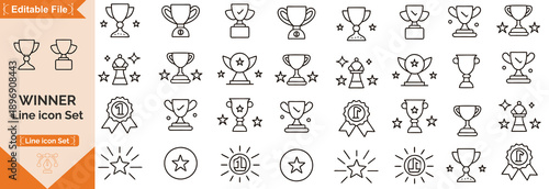 Winner or success, Benefit ,Reward, Exclusive benefit, Success, podium, gift outline symbols line icon vector illustration. Winner award and trophy of success victory, competition line icon set.