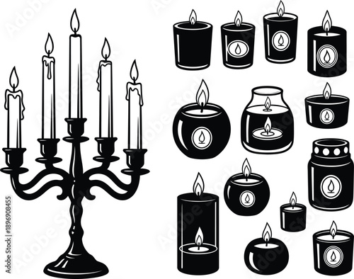 Black and white illustration of candles and candle holders