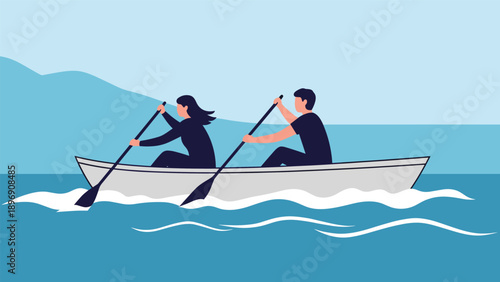 Man and woman rowing a boat together on the water with a blue mountain landscape in the distant background.