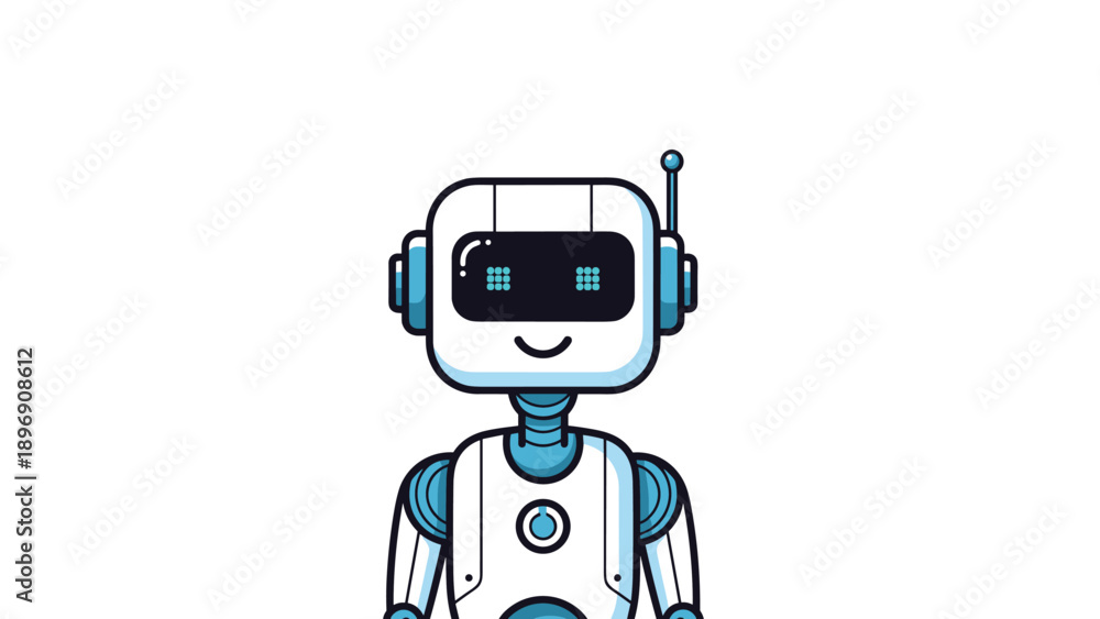 Fototapeta premium Friendly white and blue robot character with a smiling digital face and antenna on a clean white background.
