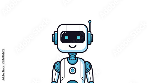 Friendly white and blue robot character with a smiling digital face and antenna on a clean white background.