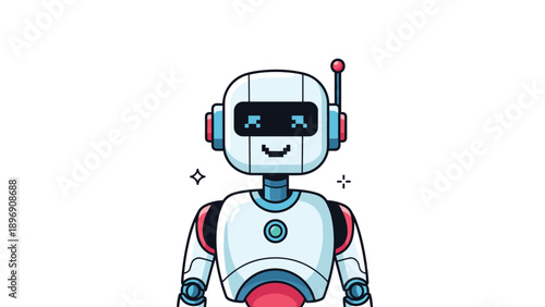 Cute white and red robot character with a smiling digital face waving its hand on a clean white background.