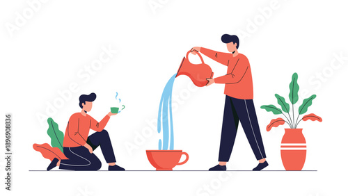 Man in red sweater pouring water from a large pitcher into a giant cup while another man sits and watches.