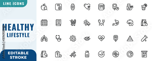 Healthy Lifestyle icon set. Editable Stroke Vector Set. Line Icon.