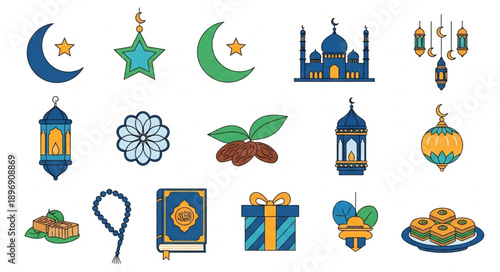 Islamic Symbols and Decorations for Ramadan and Eid Celebrations.