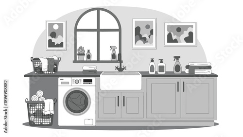 Black and white illustration of a clean and organized laundry room with a washing machine, cabinets, and baskets.