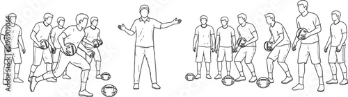 Soccer coach training players with soccer balls