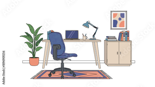 Modern home office workspace featuring a wooden desk, an ergonomic chair, a laptop, and a potted plant on a rug.