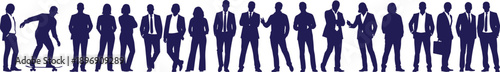 Business people silhouettes set, professional men and women in suits standing poses, corporate teamwork concept, elegant blue vector illustration isolated on white