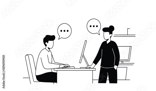 Two business colleagues discussing and working on a computer together in an office setting with speech bubbles