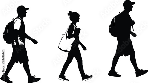 Silhouette set of young people walking with backpacks and bags, student travel concept