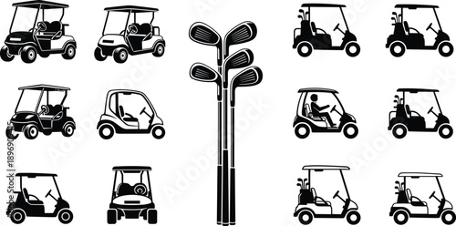 Golf cart collection, golf clubs, black and white, vehicle illustration, sports equipment, silhouette design, golfing theme, transportation icons, flavector
