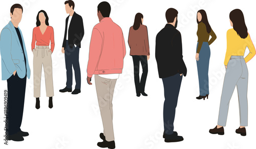 Group conversation, standing people, casual clothing, social interaction, minimal illustration, networking pose, black silhouettes, professional gathering, flat design, flavector