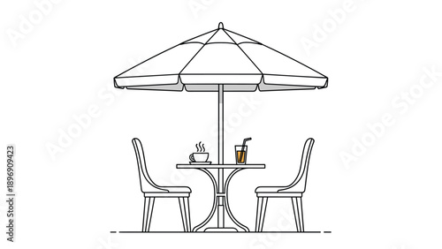 Simple line drawing of a patio table with two chairs under a large umbrella, with a coffee cup and drink.