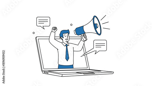 Man in a white shirt and tie speaking through a megaphone while emerging from a laptop screen with message bubbles.