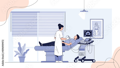 Female doctor using an ultrasound scanner on a male patient lying on an examination table in a modern clinic room with a window view.