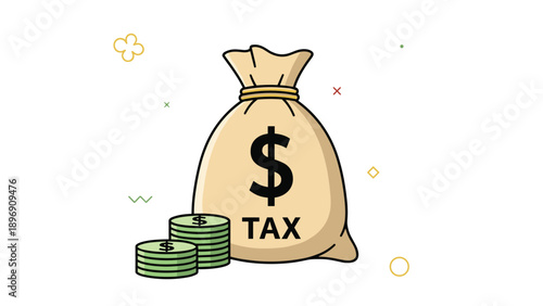 Large canvas money bag with a dollar sign and tax label surrounded by stacks of green coins representing financial obligations and savings.