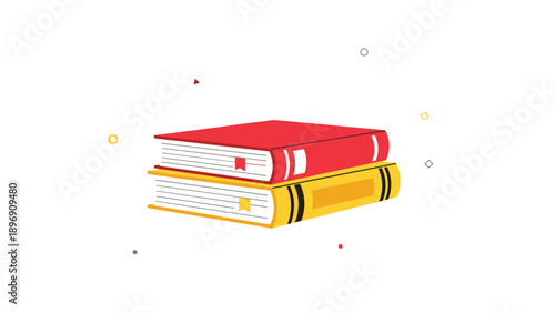 Pair of hardcover books stacked together with red and yellow covers and bookmarks used for education, learning, and reading as a library resource.
