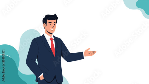 Happy young businessman wearing a navy suit and red tie gesturing with one hand toward a large blank white space for text or content.