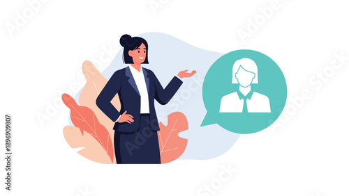 Professional businesswoman in a suit presenting a profile of a female candidate within a teal speech bubble for recruitment purposes.