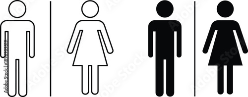 Male and female restroom icon silhouettes set, toilet symbols for public facilities signage, minimal flat design, black and white vector illustration isolated