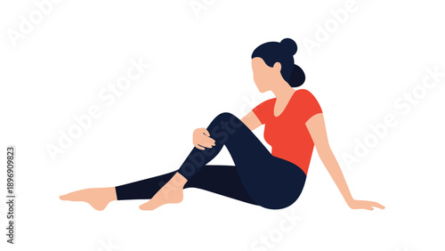 Minimalist silhouette of a young woman in a red shirt and dark leggings sitting gracefully on the floor in a relaxed and peaceful posture.