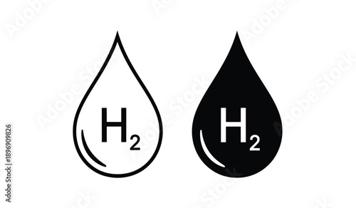 Hydrogen molecule water drop icons in black and white for chemistry and science concepts