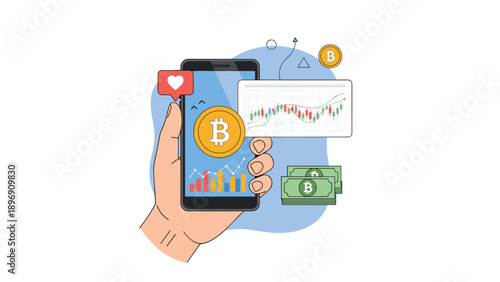 Person holding a mobile phone displaying a bitcoin coin icon along with financial trading charts, cash, and social media like notifications.