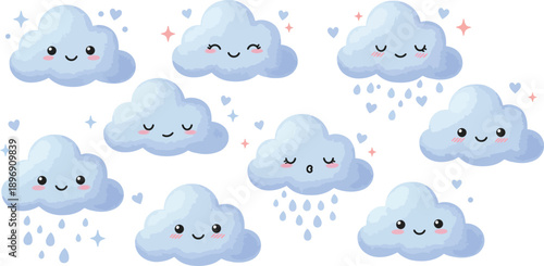 Collection of cute cartoon smiling clouds with raindrops on a white background