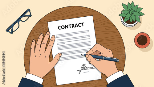 Overhead perspective of a person using a pen to sign a formal business contract on a wooden office desk next to coffee and glasses.