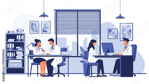 Busy hospital office where several male and female doctors are collaborating, examining a patient, and working on computers in a professional clinic.