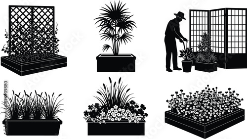 Collection of garden planter boxes and raised beds with flowers and trellis, gardener silhouette working