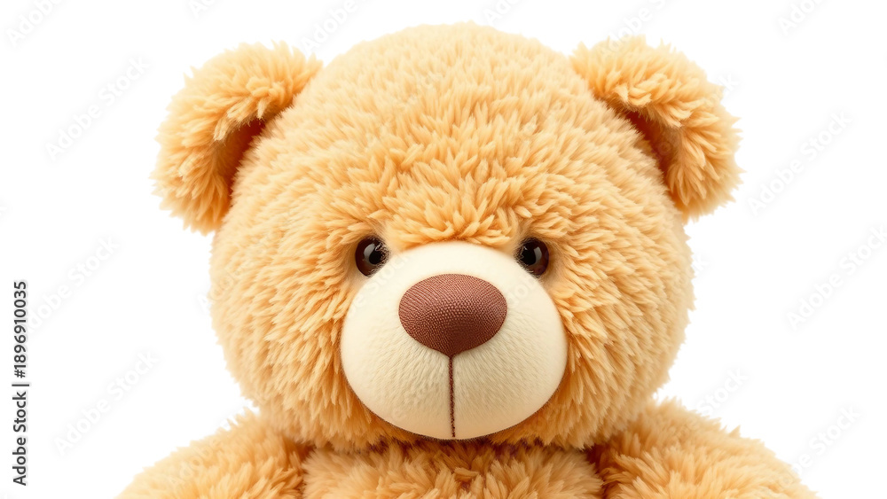 Obraz premium Soft plush teddy bear with fluffy texture and cute expression. Adorable toy isolated on transparent background, perfect for children designs, nursery decor, gifts and comforting illustrations.