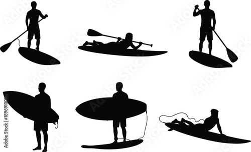 Paddleboarding silhouettes, surfing figures with boards, standing paddler drinking, lying paddler paddling, surfboard with leash, dynamic water sports action, aquatic lifestyle vector illustration