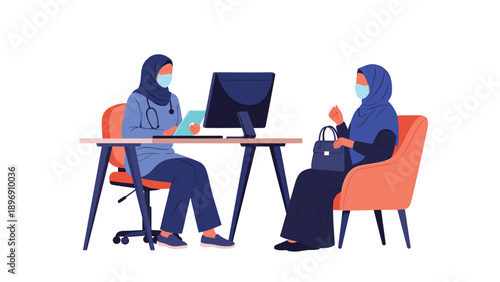 Female Muslim doctor in a blue hijab consulting with a female patient in a medical office during a professional visit.